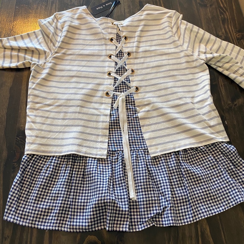 Doe & Rae White and Navy Striped Lace-Up Peplum Top